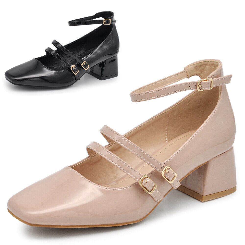 Décolleté Ballerine Scarpe Da Donna Mary Jane Tacco Grosso Con Cinturini K305