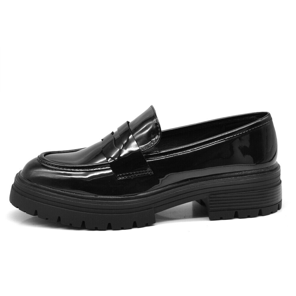 Scarpe Mocassini Loafers Slip On Lucido Da Donna Platform YL100 Nero Beige