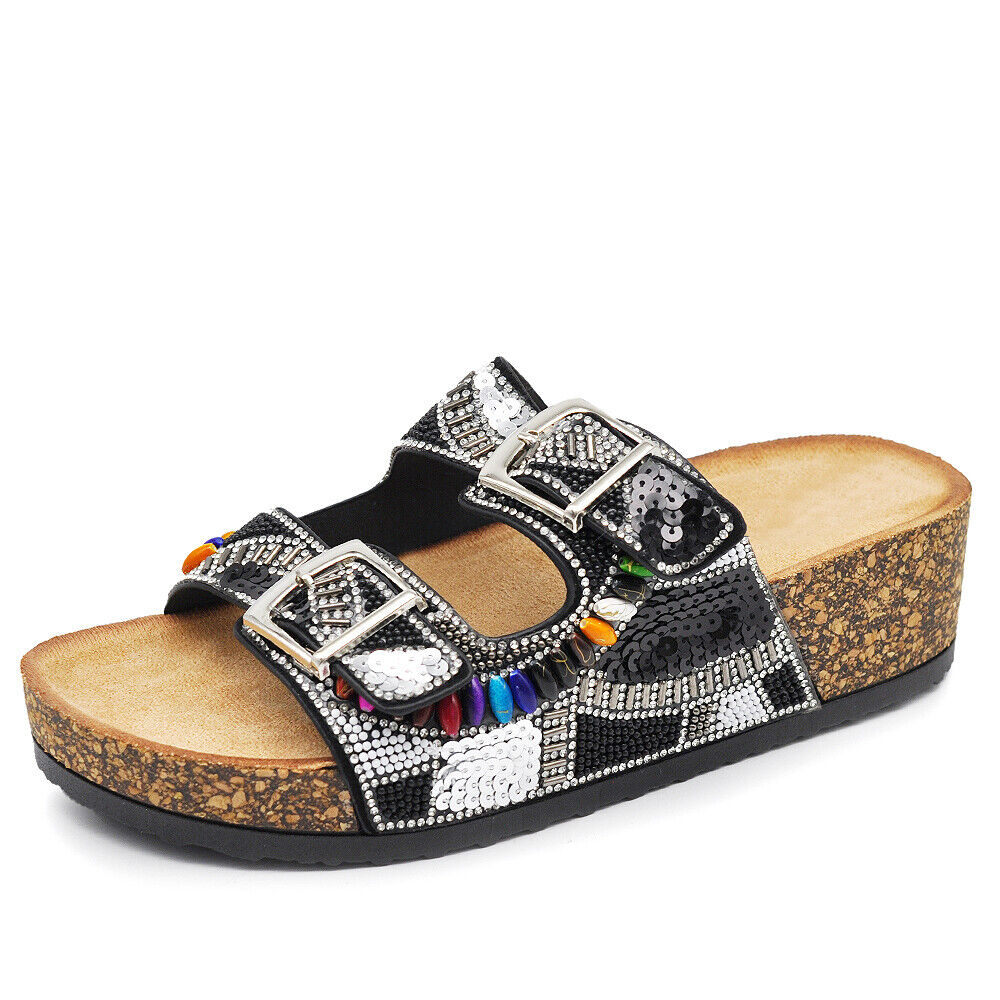 Scarpe Sandali Ciabatte Da Donna Con Fibbie e Zeppa Strass Pailettes GH-802