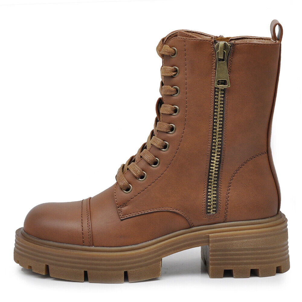 Stivaletti Stivali Anfibi Combat boots Da Donna Platform Zip GR-6646 nero camel