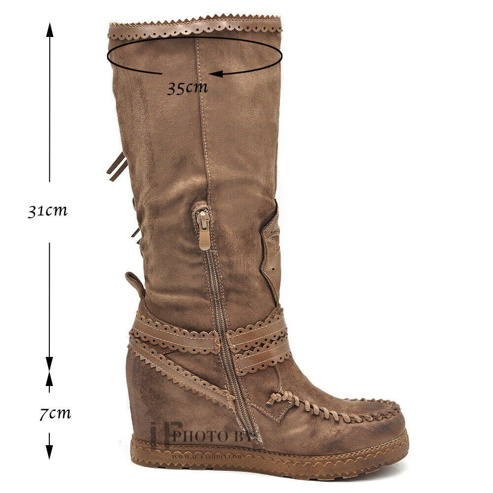 Stivali Indianini Da Donna Al Ginocchio Borcie Fibbie Frange Zeppa iNTERNA 9660