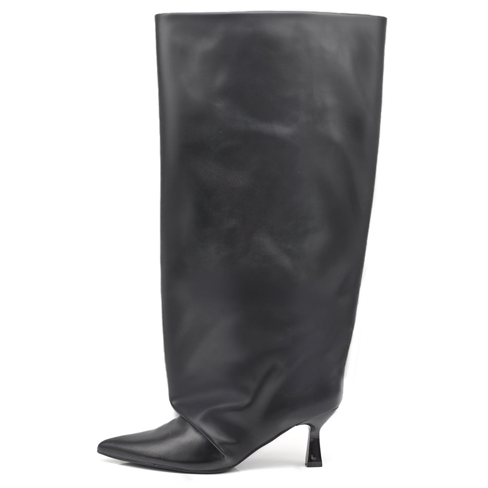 Stivali alti da donna tacco fine Punta affusolata tacco kitten heel gambale slouchy X8447 neri