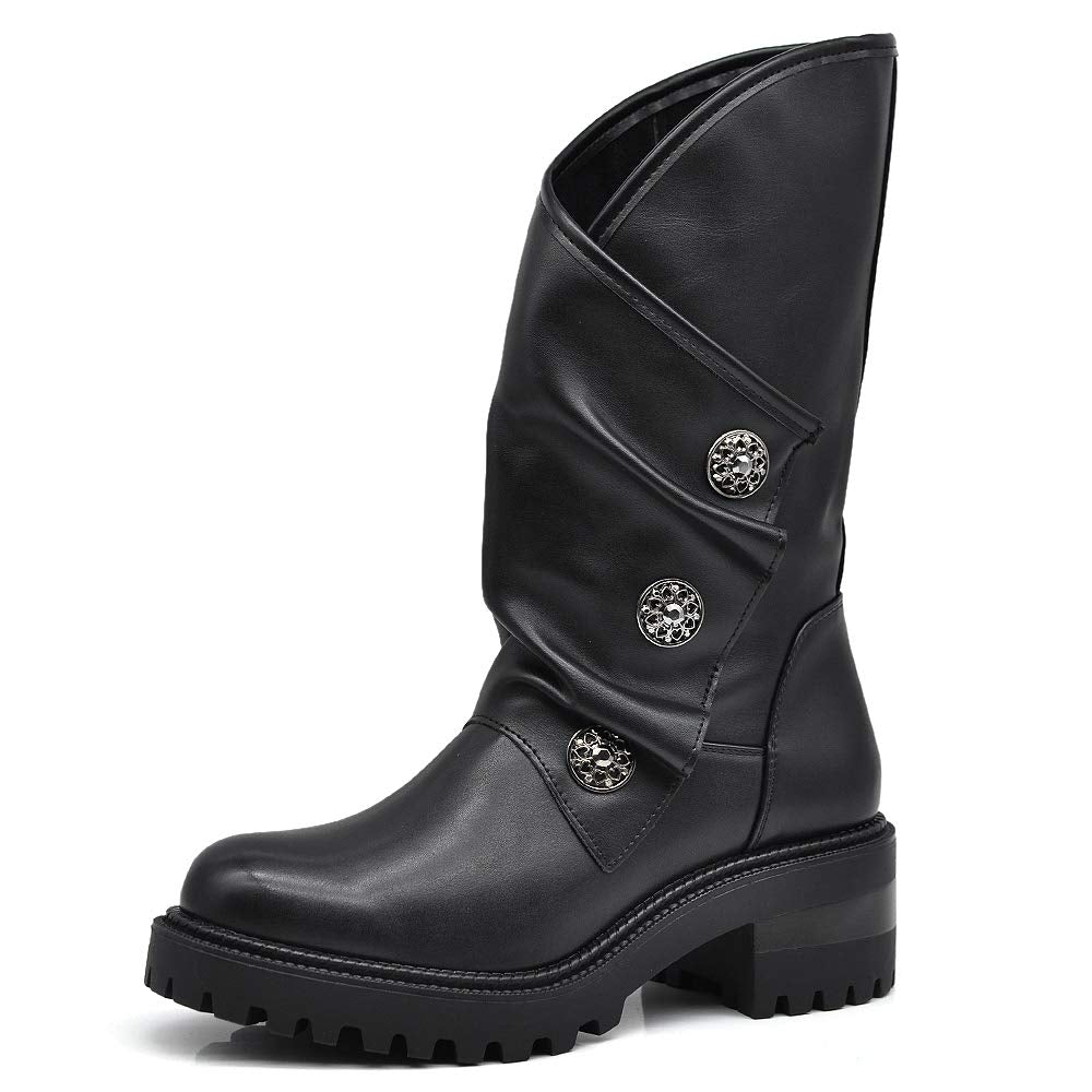 IF Fashion Scarpe da Donna Stivali Stivaletti Biker Fibbie Anfibi al Polpaccio con Fibbie Bottoni Medaglie Tacco 5,5cm 23927