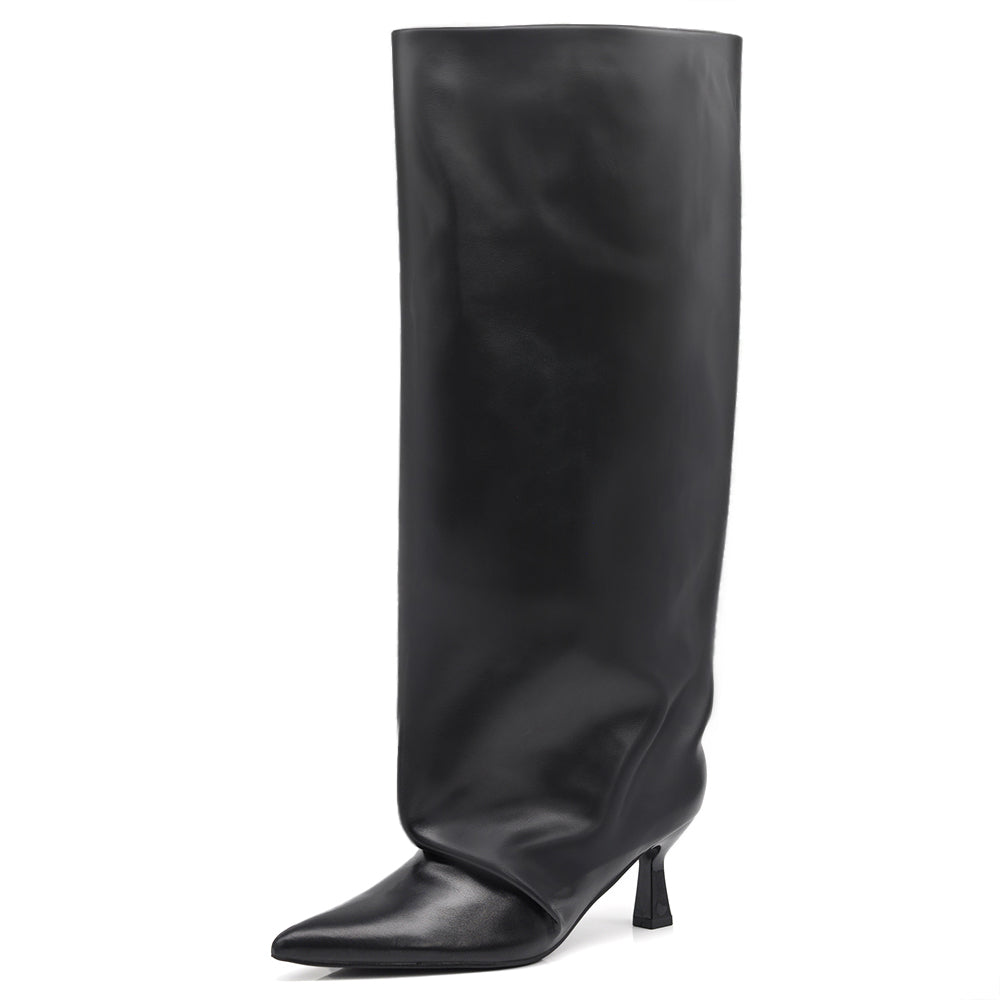 Stivali alti da donna tacco fine Punta affusolata tacco kitten heel gambale slouchy X8447 neri