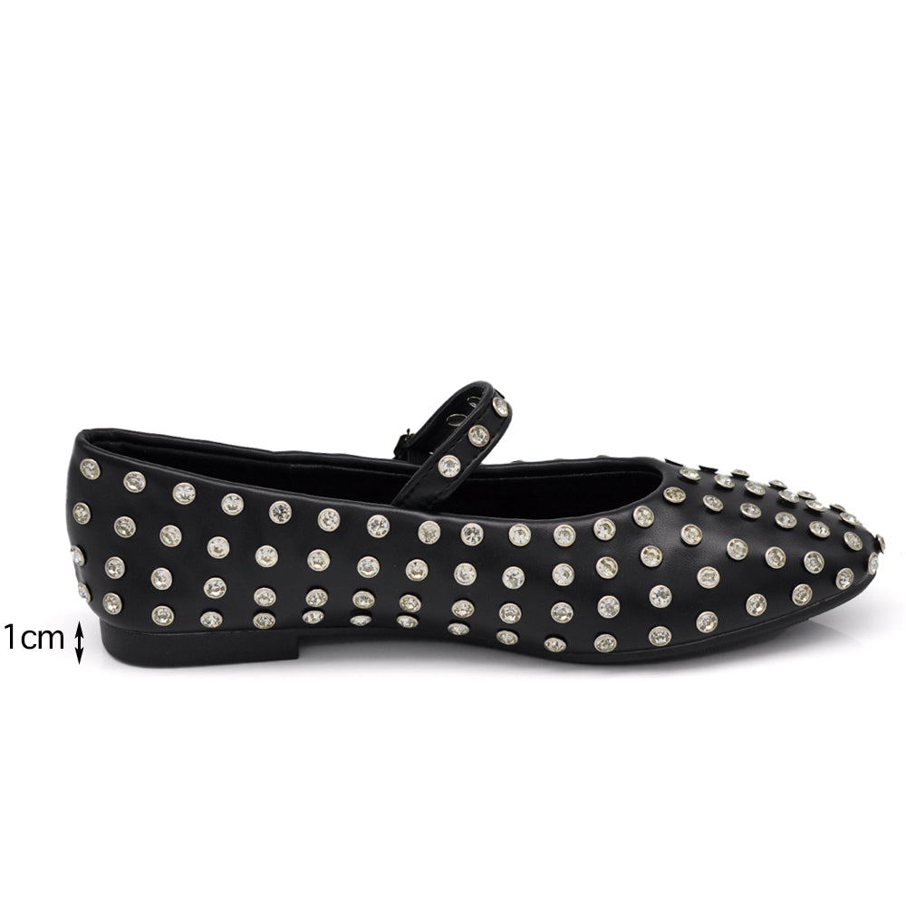 Mary Jane Ballerine con Cinturino Borchie e Strass Brillantini Punta Tonda in Pelle H90