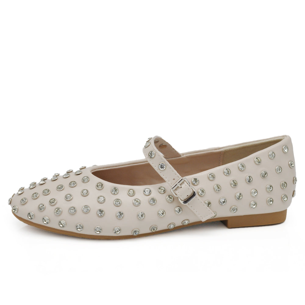 Mary Jane Ballerine con Cinturino Borchie e Strass Brillantini Punta Tonda in Pelle H90