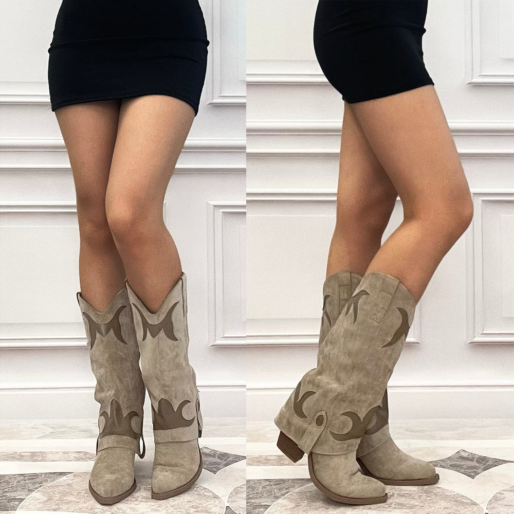 Stivali Texani da Donna in Pelle Scamosciata Design Ricamato A9979