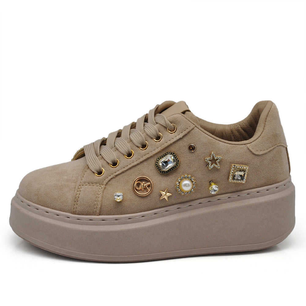 Sneakers Casual Moda da Donna con Platform Zeppa Borchie e Strass Sportive Comode Scamosciate AD-106