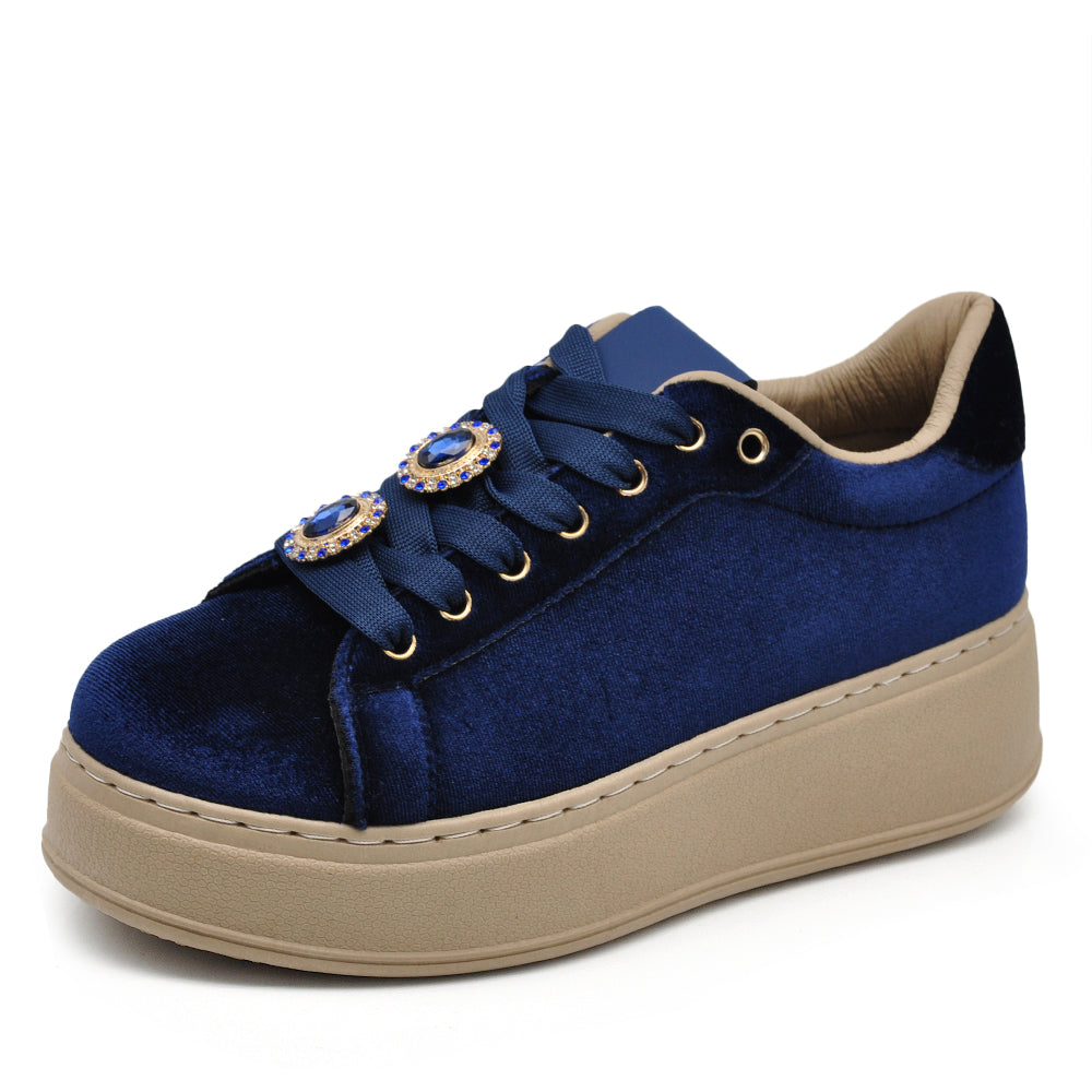 Sneakers donna platform eleganti con applicazioni gioiello scarpe casual moda comfort con decorazioni brillanti AD-147 velluto