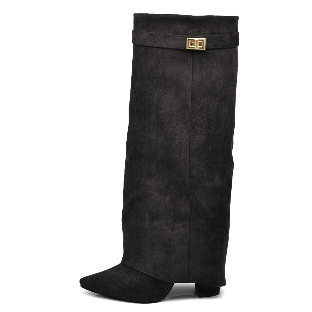 Stivali Donna A Punta Tacco Alto Stile Western – Alti al Ginocchio Camoscio Sintetico 6885