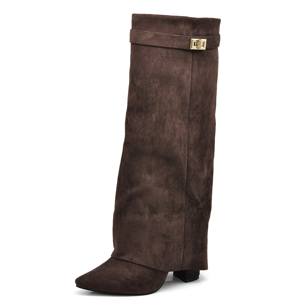 Stivali Donna A Punta Tacco Alto Stile Western – Alti al Ginocchio Camoscio Sintetico 6885