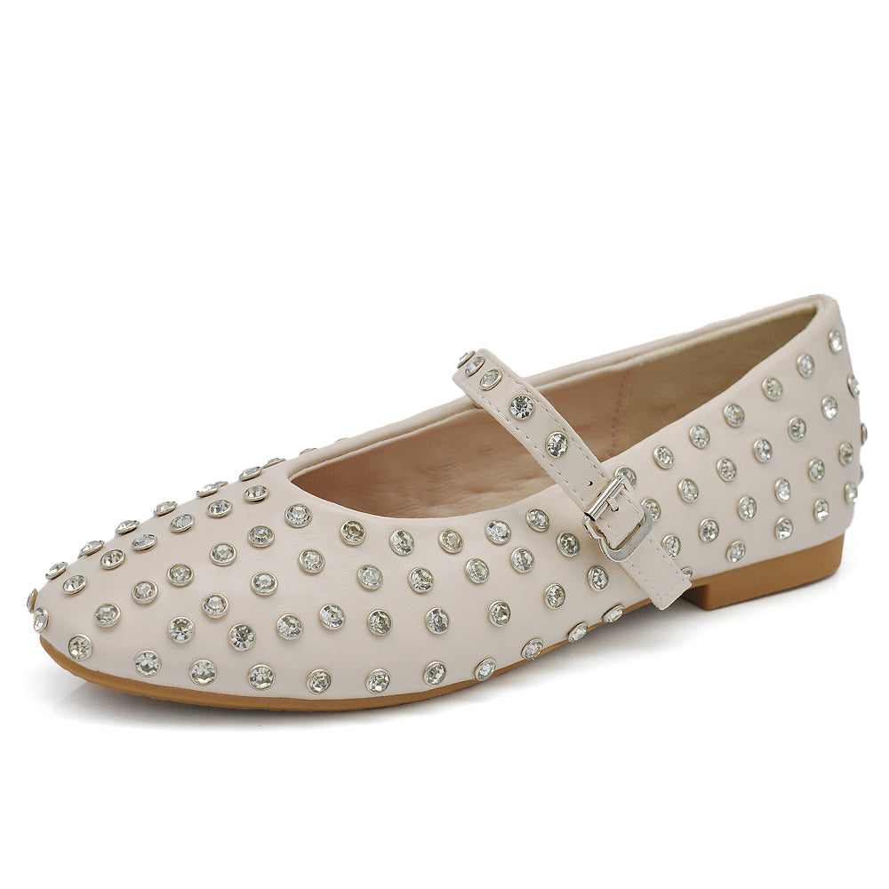 Mary Jane Ballerine con Cinturino Borchie e Strass Brillantini Punta Tonda in Pelle H90