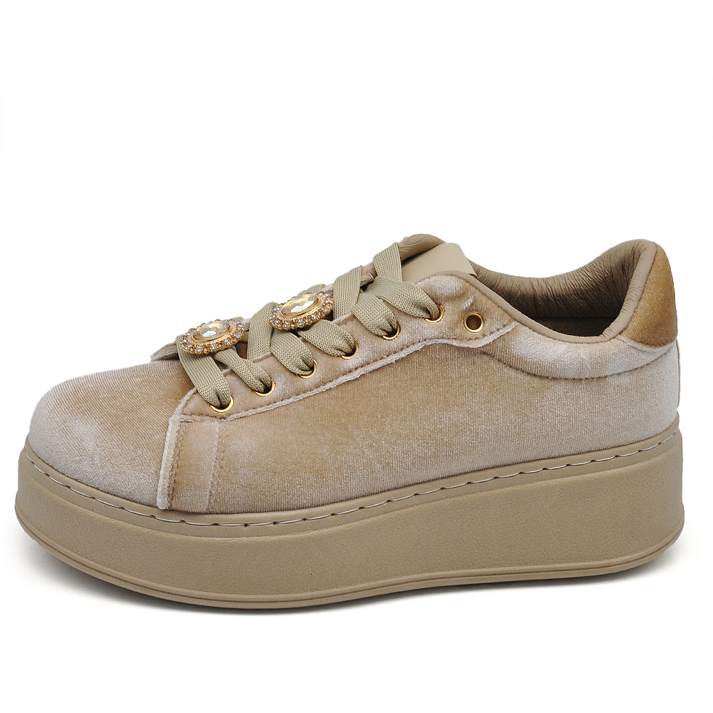 Sneakers donna platform eleganti con applicazioni gioiello scarpe casual moda comfort con decorazioni brillanti AD-147 velluto