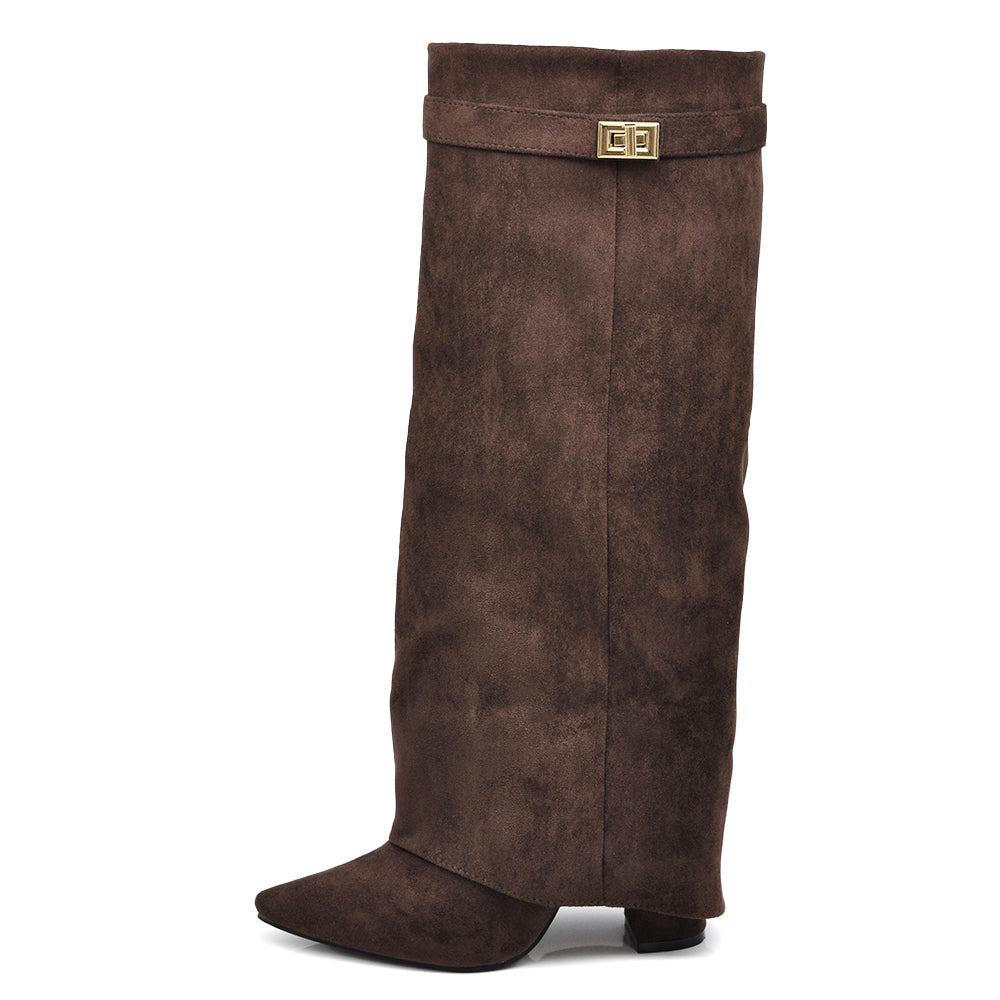 Stivali Donna A Punta Tacco Alto Stile Western – Alti al Ginocchio Camoscio Sintetico 6885