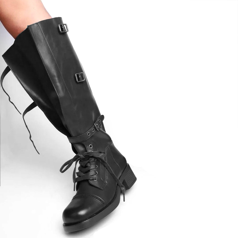 Anfibi Stivali alti al ginocchio da donna con tripla fibbia lacci punta squadrata XT1 nero
