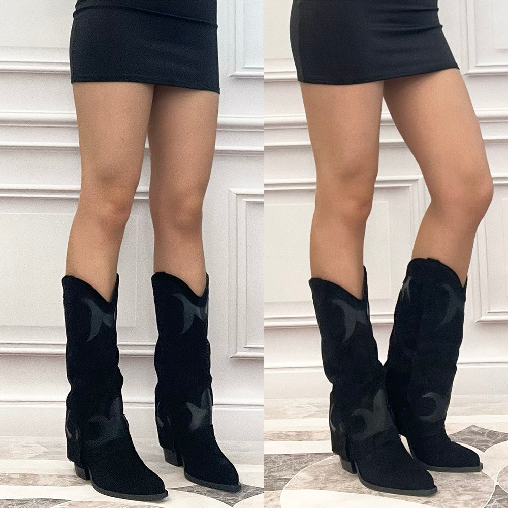 Stivali Texani da Donna in Pelle Scamosciata Design Ricamato A9979