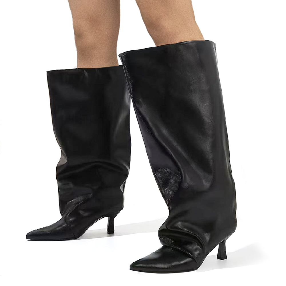 Stivali alti da donna tacco fine Punta affusolata tacco kitten heel gambale slouchy X8447 neri