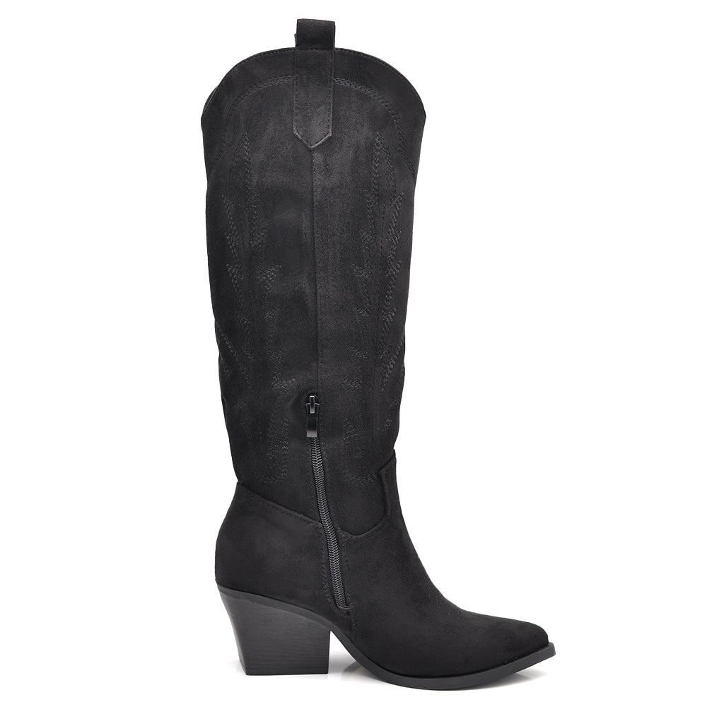 Stivali Alti Texani Donna al Ginocchio con Tacco Largo – Stivali Western Leggeri in Materiale Camoscio Sintetico
