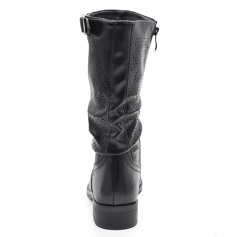 Biker Motociclista Stivaletti Primaverili Arricciati in Pelle Sintetica con Fori Decorativi YL205