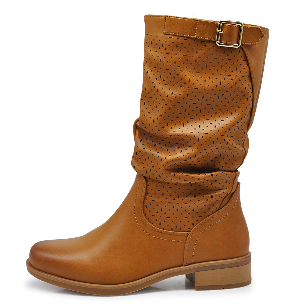 Biker Motociclista Stivaletti Primaverili Arricciati in Pelle Sintetica con Fori Decorativi YL205