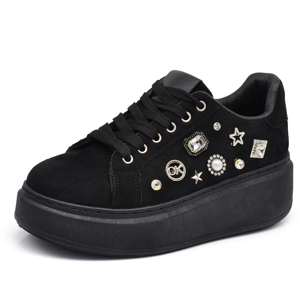 Sneakers Casual Moda da Donna con Platform Zeppa Borchie e Strass Sportive Comode Scamosciate AD-106