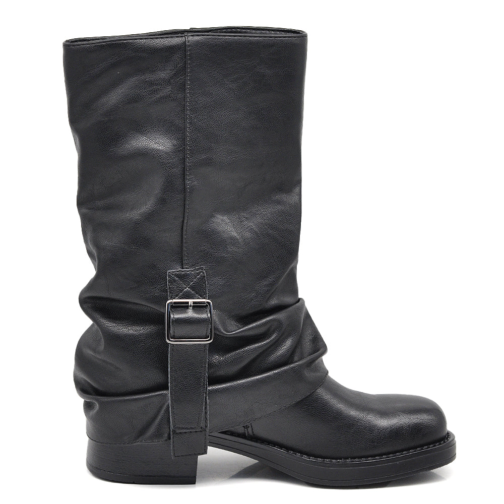 Stivali Da Donna Punta Quadrata Con Ghetta Risvolto effetto vintage e cinturino decorativo GA035