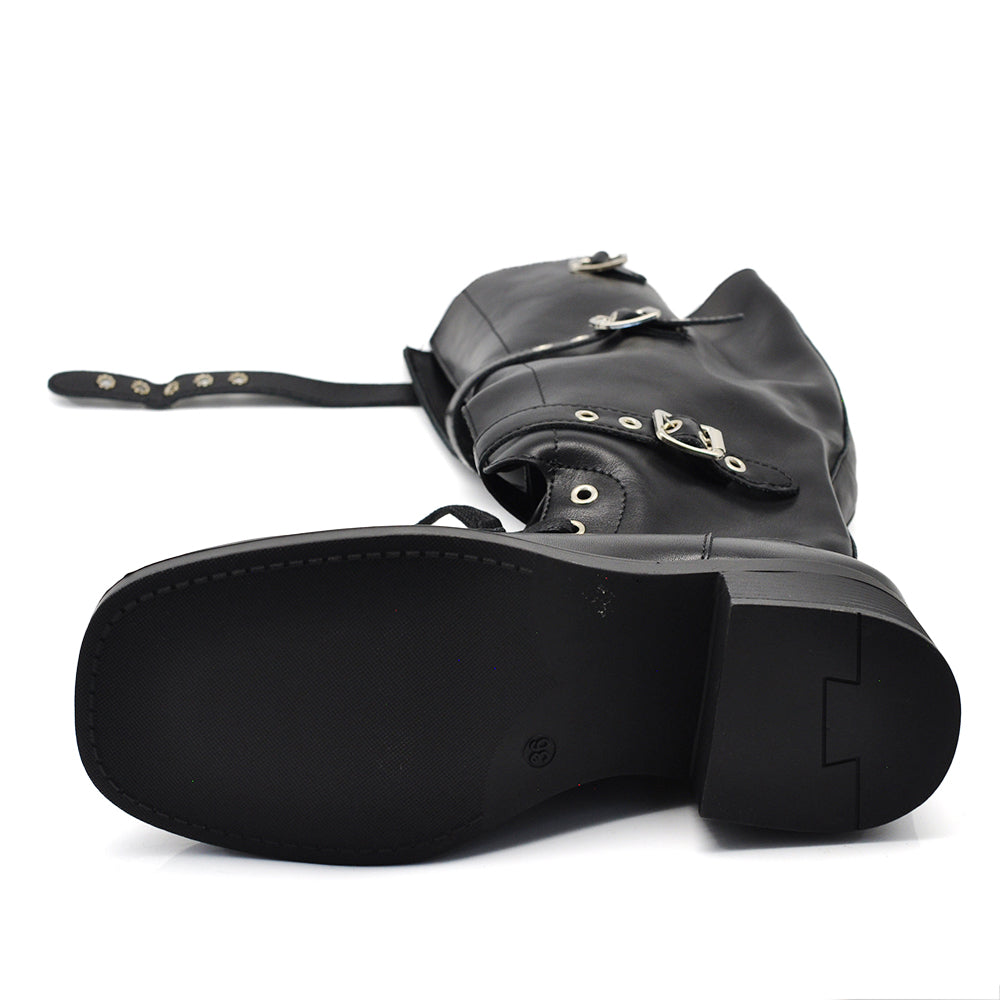 Anfibi Stivali alti al ginocchio da donna con tripla fibbia lacci punta squadrata XT1 nero