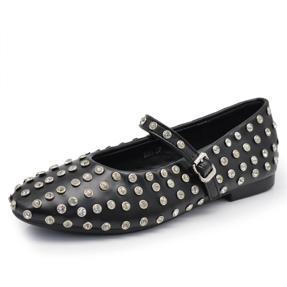 Mary Jane Ballerine con Cinturino Borchie e Strass Brillantini Punta Tonda in Pelle H90