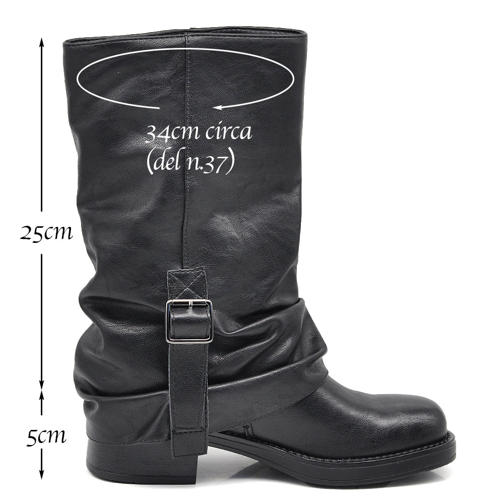 Stivali Da Donna Punta Quadrata Con Ghetta Risvolto effetto vintage e cinturino decorativo GA035