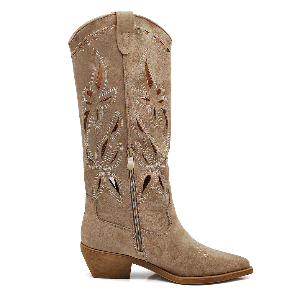 Stivali Alti Primaverili Texani Donna Traforati al Ginocchio – Stivaletti Western con Tacco Basso in gomma