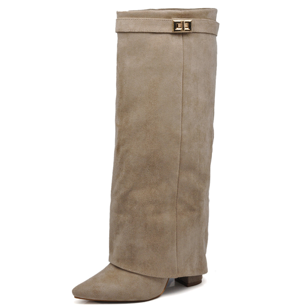 Stivali Donna A Punta Tacco Alto Stile Western – Alti al Ginocchio Camoscio Sintetico 6885