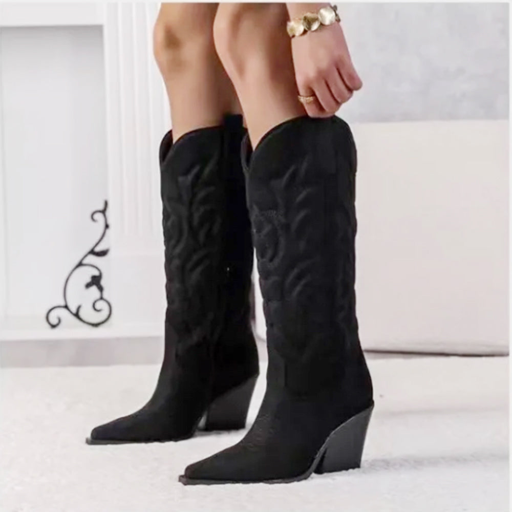 Stivali Texani Donna al Ginocchio con Tacco Largo – Stivali Western Eleganti