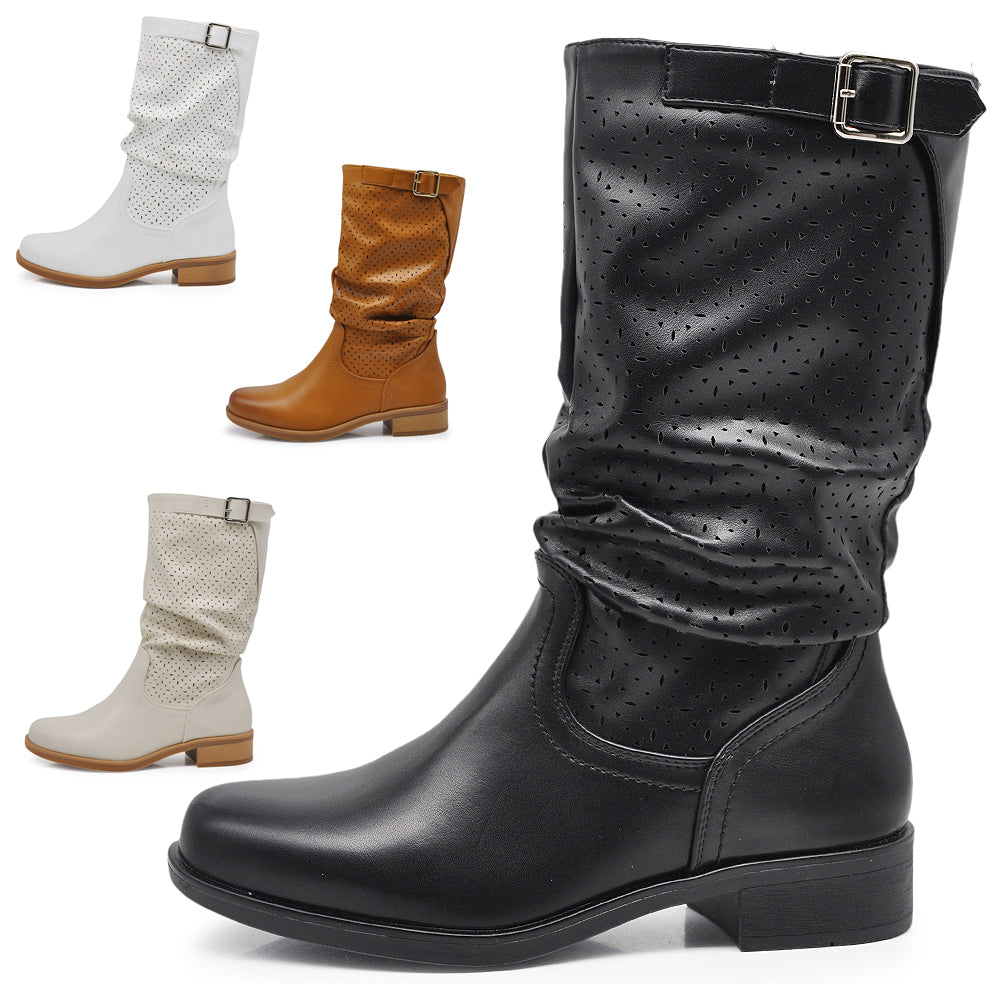 Biker Motociclista Stivaletti Primaverili Arricciati in Pelle Sintetica con Fori Decorativi YL205