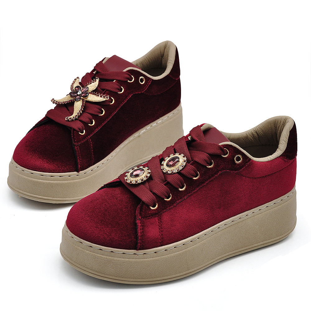 Sneakers donna platform eleganti con applicazioni gioiello scarpe casual moda comfort con decorazioni brillanti AD-147 velluto