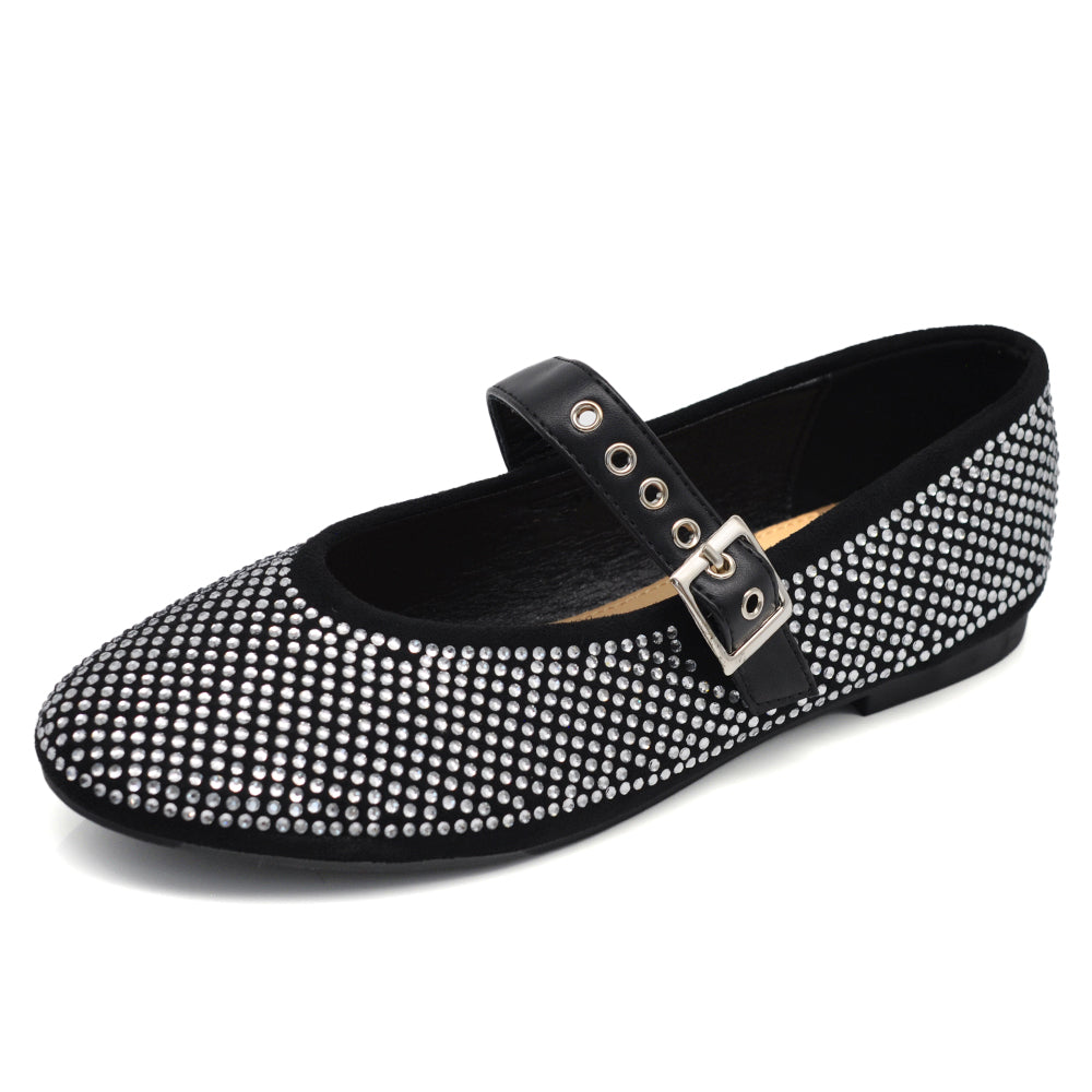 Ballerine moda donna strass, scarpe sposa basse nere, scarpe glitterate eleganti, scarpe basse donna cinturino Q2598