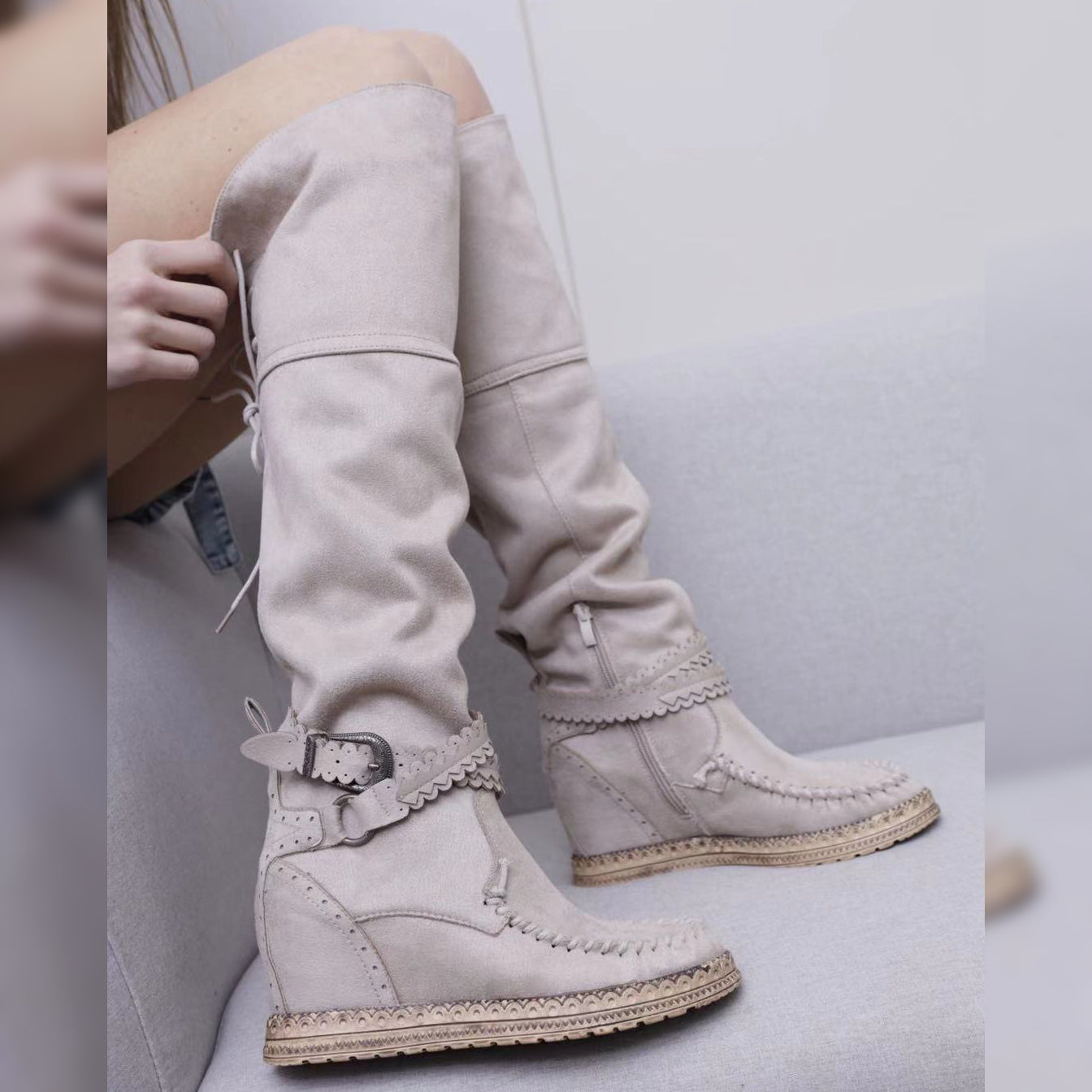 Stivali Indianini Da Donna Al Ginocchio Frange borcie Fibbie Zeppa Interna LY84-3