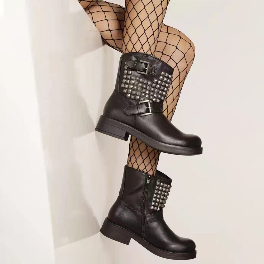 Stivali Stivaletti Donna Caviglia Anfibi Borchie Motociclista Biker S189 nero