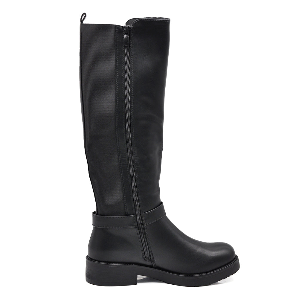 Stivali Donna Cavallerizzi con Inserto Elastico e Fibbia – Stivali Alti Stile Equestre con Zip Laterale 736