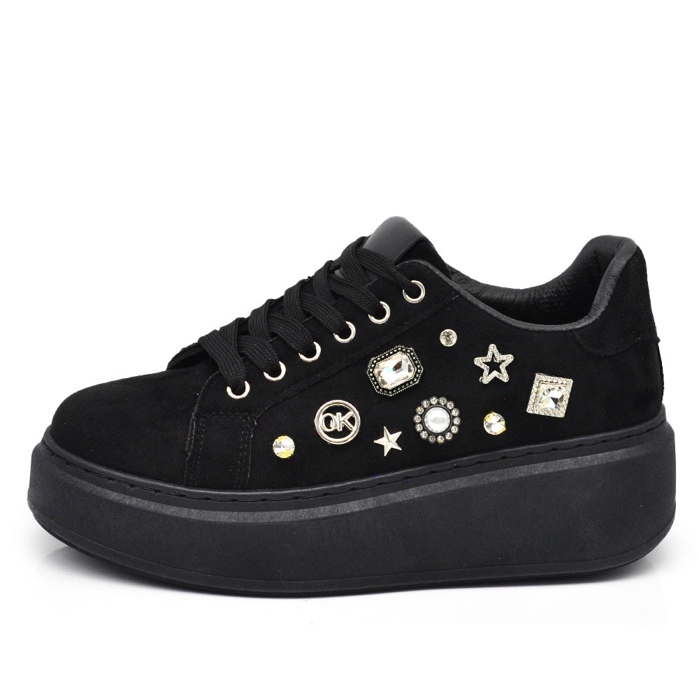 Sneakers Casual Moda da Donna con Platform Zeppa Borchie e Strass Sportive Comode Scamosciate AD-106