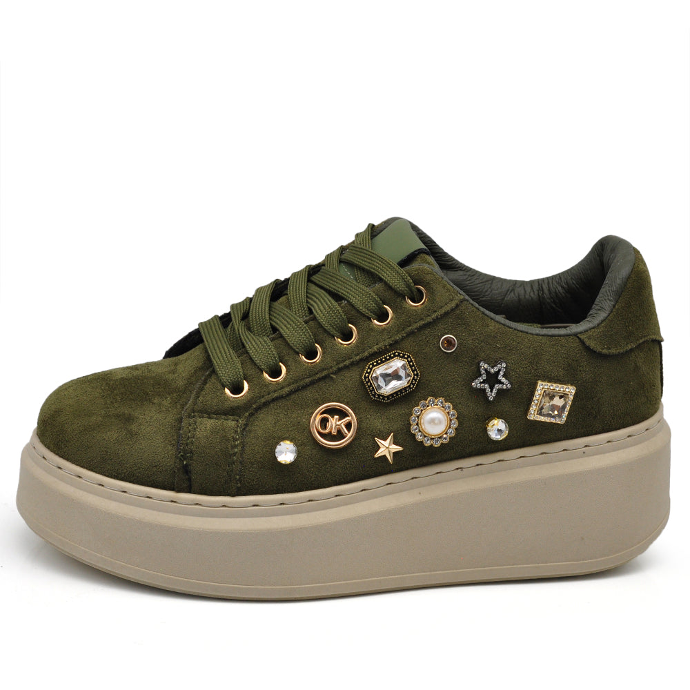 Sneakers Casual Moda da Donna con Platform Zeppa Borchie e Strass Sportive Comode Scamosciate AD-106