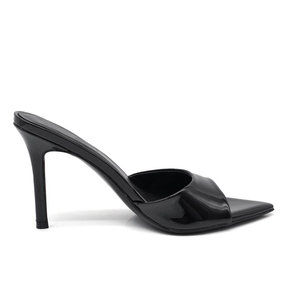 Sandali sabot donna in vernice lucida con tacco stiletto e punta affusolata