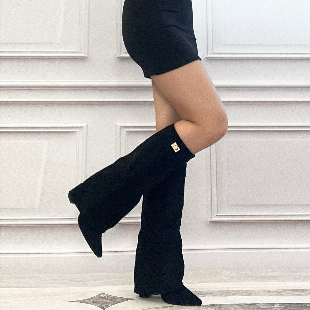 Stivali Donna A Punta Tacco Alto Stile Western – Alti al Ginocchio Camoscio Sintetico 6885