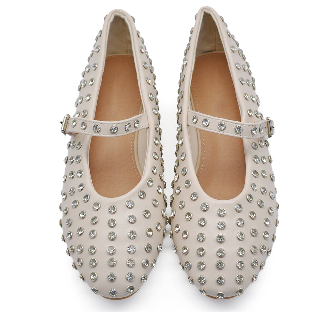 Mary Jane Ballerine con Cinturino Borchie e Strass Brillantini Punta Tonda in Pelle H90