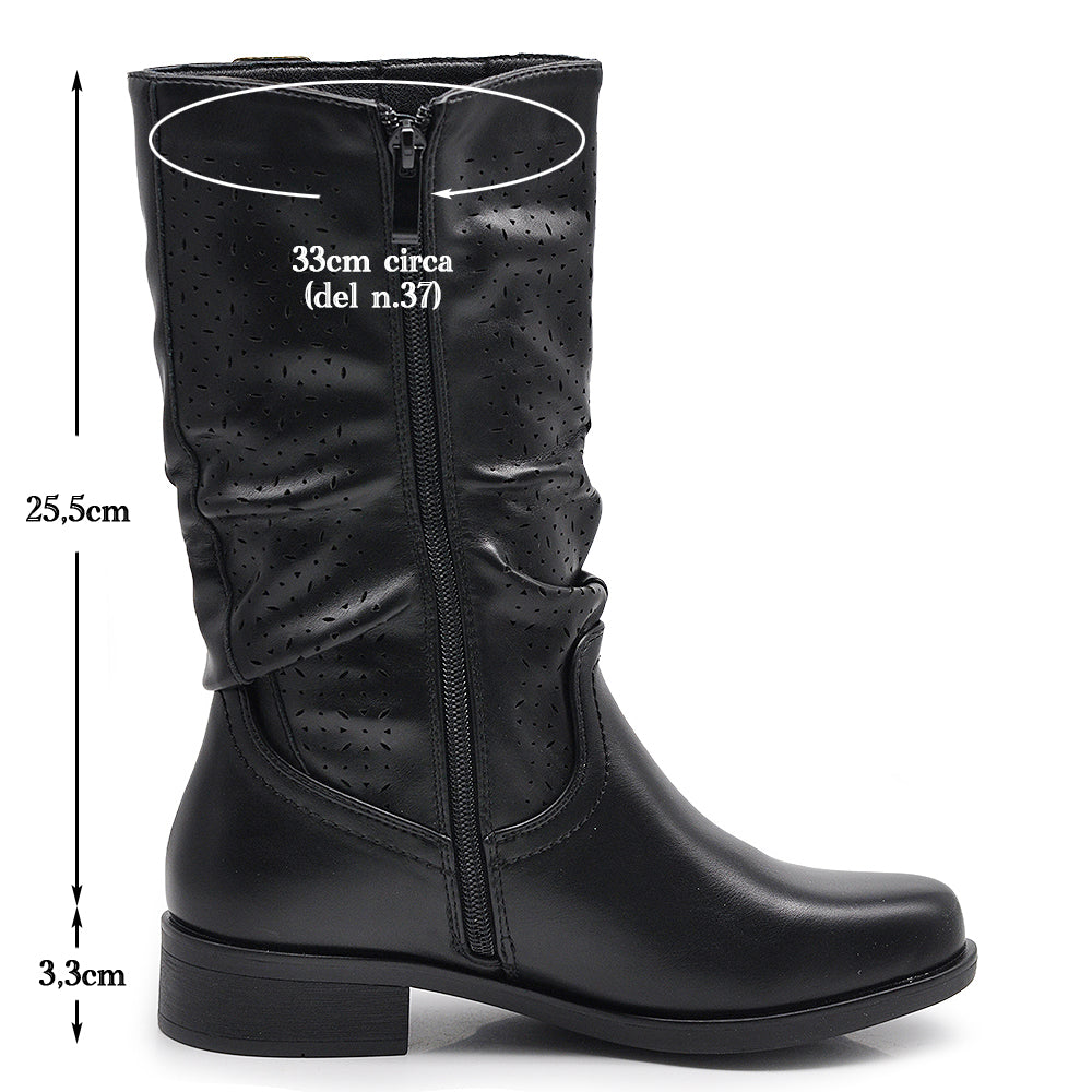 Biker Motociclista Stivaletti Primaverili Arricciati in Pelle Sintetica con Fori Decorativi YL205