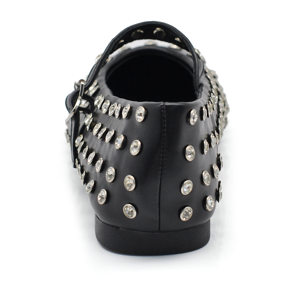 Mary Jane Ballerine con Cinturino Borchie e Strass Brillantini Punta Tonda in Pelle H90