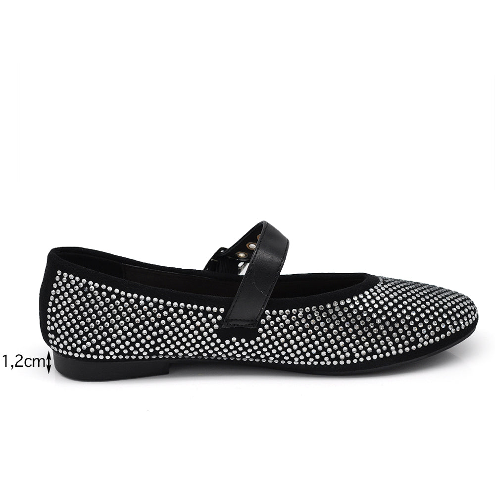 Ballerine moda donna strass, scarpe sposa basse nere, scarpe glitterate eleganti, scarpe basse donna cinturino Q2598