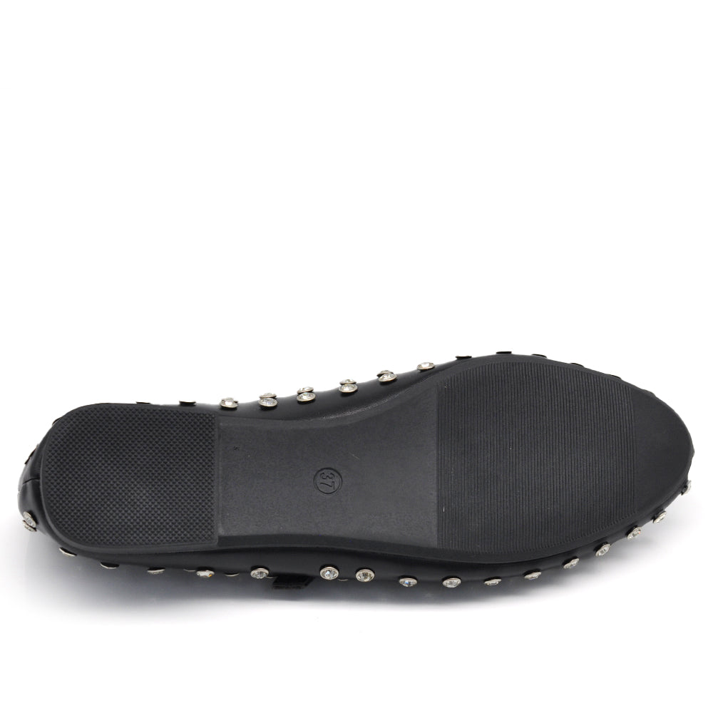 Mary Jane Ballerine con Cinturino Borchie e Strass Brillantini Punta Tonda in Pelle H90
