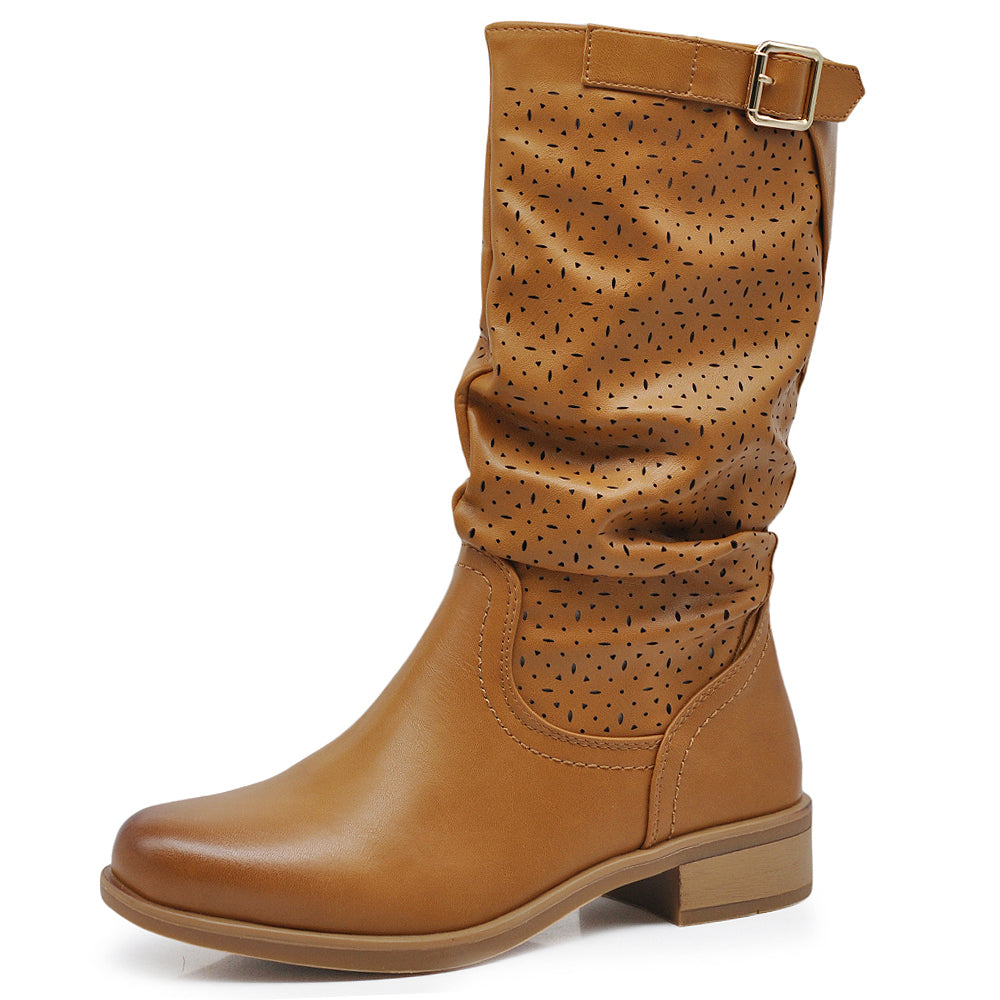 Biker Motociclista Stivaletti Primaverili Arricciati in Pelle Sintetica con Fori Decorativi YL205