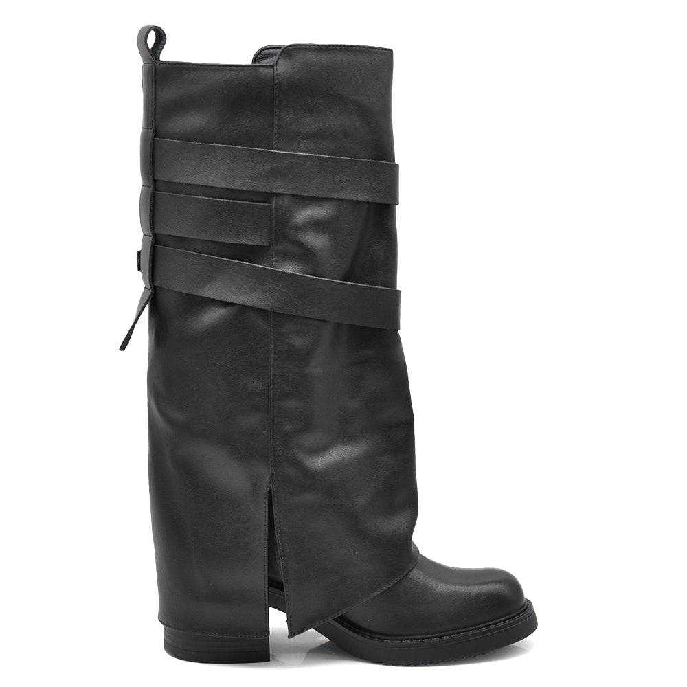 Stivali Biker Donna con Ghette, Fibbie Laterali e Tacco Largo, Modello Comodo dal Look Rock e Casual Chic