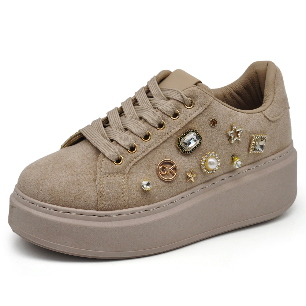 Sneakers Casual Moda da Donna con Platform Zeppa Borchie e Strass Sportive Comode Scamosciate AD-106
